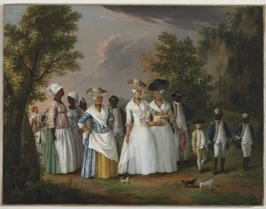 Vrije vrouwen van kleur met hun kinderen en bedienden in een landschap door Agostino Brunias